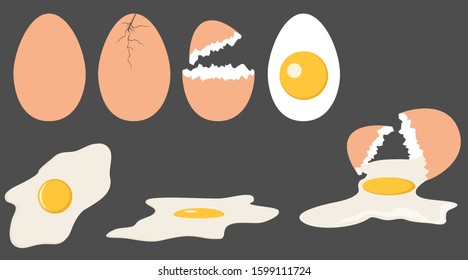 Egg isolated on a black background. A whole egg, a broken egg. Omelette. Vector illustration. Vector.