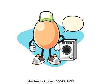 Egg laundry man with speech bubble cartoon. Mascot Character vector.