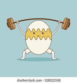 Egg lifts barbell on green background. Fitness sport theme vector illustration.