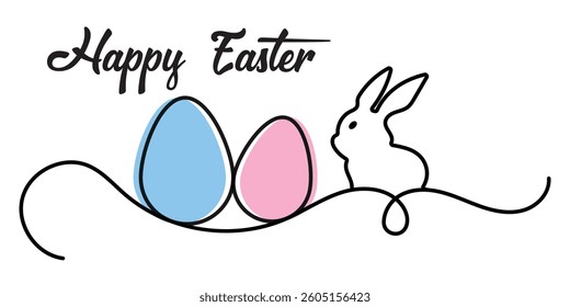 Egg line art, Continuous one line drawing of egg and rabbit shape,  Greeting banner design with bunny and ears in simple linear style. Editable stroke. Doodle vector illustration. eps 10.
