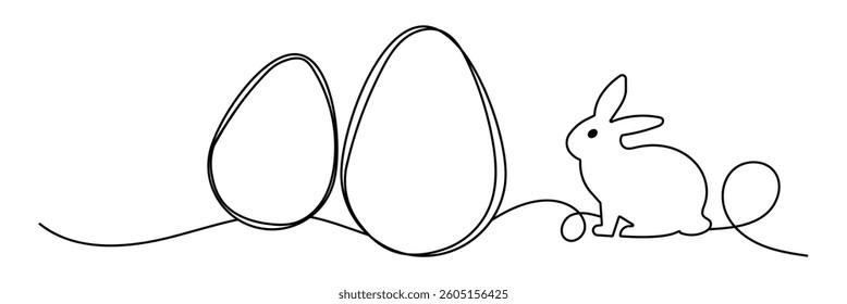 Egg line art, Continuous one line drawing of egg and rabbit shape,  Greeting banner design with bunny and ears in simple linear style. Editable stroke. Doodle vector illustration. eps 10.