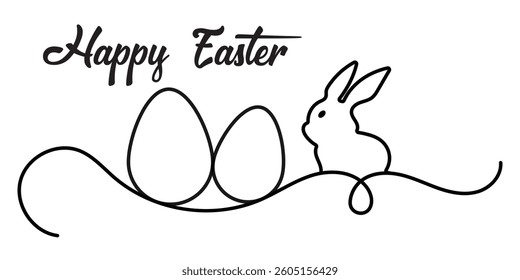 Egg line art, Continuous one line drawing of egg and rabbit shape,  Greeting banner design with bunny and ears in simple linear style. Editable stroke. Doodle vector illustration. eps 10.