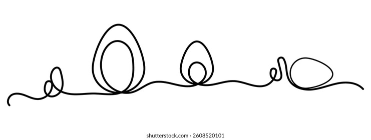 Egg line art, Continuous one line drawing of single egg shape, Black and white graphics. Beautiful hand drawn easter eggs. Border design element.  Abstract decorative horizontal divider with eggs. 