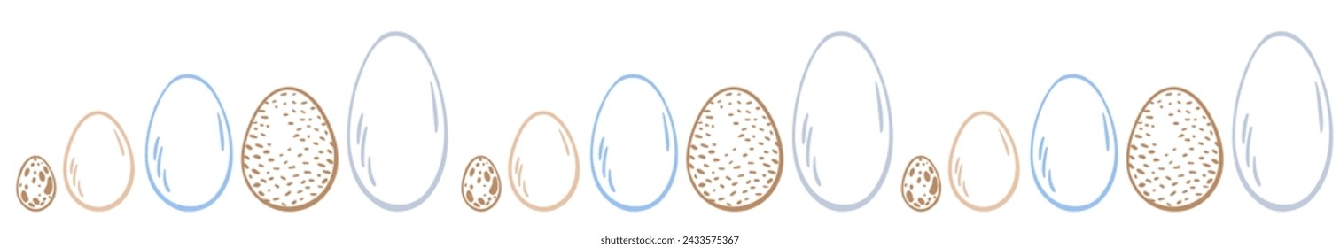 Egg line seamless pattern. Different eggs outline frame, background isolated  for web banners, poster, greeting card, easter templates, flyer, farm products package, book design. poultry farming