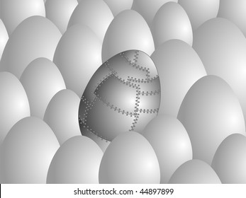 Egg made of metal sheets with rivets against usual eggs