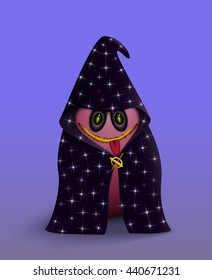 the egg magician for Halloween in a hooded cloak