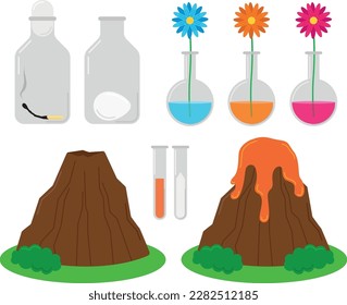 Egg and match experiment, flower and colored water experiment, home volcano experiment, vector illustration