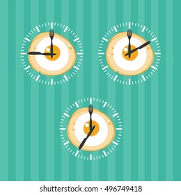Egg menu. Illustration on the theme of bachelorhood.Fried egg and clock, vector illustration. Food background.
