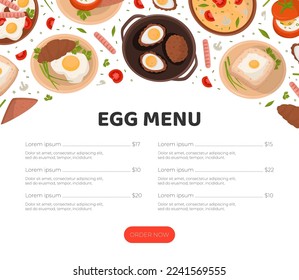 Egg menu website, landing page template. Online ordering from restaurant or cafe cartoon vector