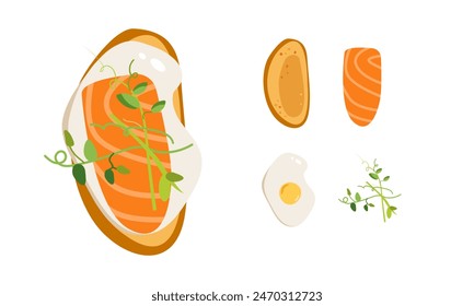 Egg, microgreen and salmon toast. Delicious sandwich made of fresh toasted bread smoked lox. Seasoning and dill on top. Hand drawn vector illustration.