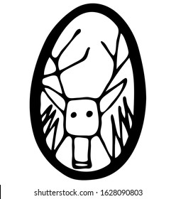 Egg with a minimalistic illustration of a deer. Idea for coloring easter eggs. Simple vector deer with horns. A shape resembling a window, mirror or oval painting with an animal. Vector line moose.