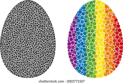 Egg mosaic icon of spheric blots in variable sizes and spectrum colored color tinges. A dotted LGBT-colored egg for lesbians, gays, bisexuals, and transgenders. Vector icon in LGBT flag colors.