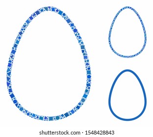 Egg mosaic of ragged items in various sizes and color hues, based on egg icon. Vector unequal items are combined into collage. Egg icons collage with dotted pattern.