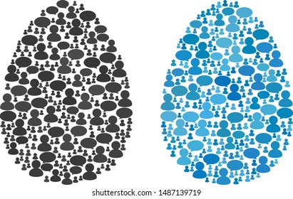 Egg mosaics of Chat Clouds and People symbols. Vector mosaic in blue color variations. Persons and chat balloons are organized into Egg mosaics. Flat design on a white background.
