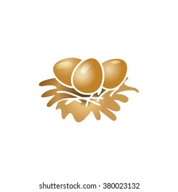 Egg in a nest. Easter. Christian symbol. Easter template. Easter template. Food.  Symbol, icon, isolated pattern stationery. Vintage egg in a nest. Golden symbol of Easter. Gold.