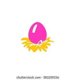 Egg in a nest. Easter. Christian symbol.  Easter template. Food.  Symbol, icon, isolated pattern stationery. Vintage egg in a nest. Golden symbol of Easter. Gold. Modern illustration of flat lines.