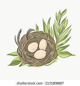 egg in the nest and green leaves