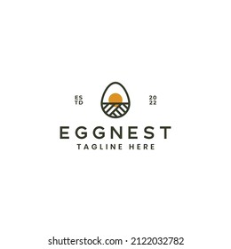 egg nest line outline badge logo design illustration for chicken farm