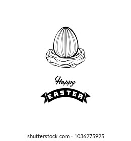 Egg in a nest with ribbon. Happy Easter lettering. Vintage vector illustration.