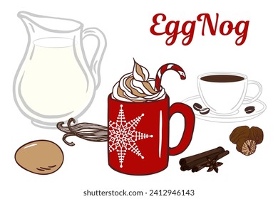 Receta de café Huevo Nog - Vidrio, Mug, especias, huevos, leche, café. cola tradicional de huevos con leche, canela y estrella de clove. Bebida de invierno y decoración navideña para libros de cocina, menú, receta.