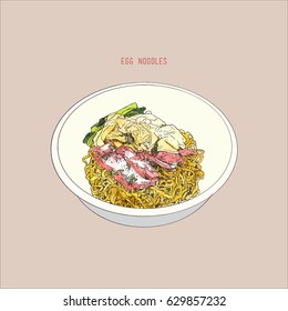 Egg Noodles With Red Pork. Thai street food , sketch vector.