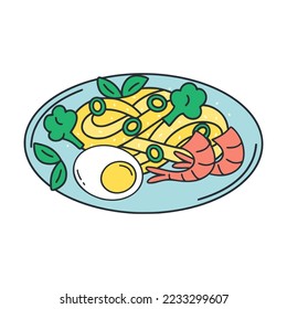 Egg noodles with shrimp egg and vegetables clip art. Traditional Asian cuisine. Hearty lunch with seafood asianfood isolated vector illustration