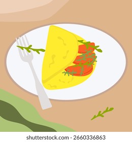 Ovo omelete servido com árgula em uma placa, desenho animado plano. Café da manhã com proteína para uma alimentação saudável.