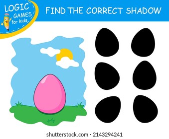 Egg on colorful background. Find the correct shadow Easter Egg. Cute cartoon holiday symbol. Shadow matching game for child. Logic Game for Kids. Education worksheet. Task with answer. Happy Easter.