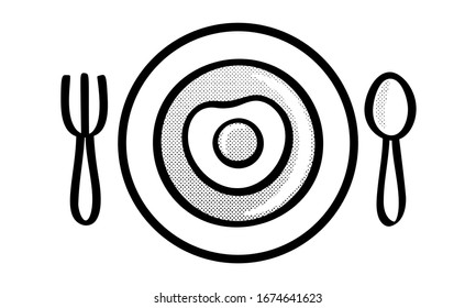 Egg on an plate with fork and spoon, isolated on white with halftone shading