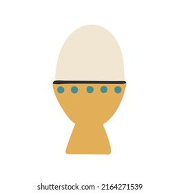 Egg on a yellow stand on a white isolated background. Kitchenware. Flat design, hand drawn, cartoon.