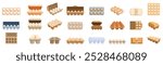 Egg package icons set. Different types of egg boxes with varying numbers of white and brown eggs, some open and some closed