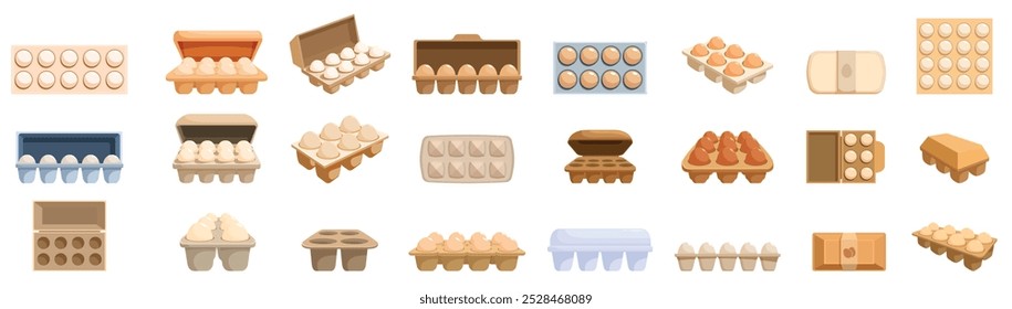 Egg package icons set. Different types of egg boxes with varying numbers of white and brown eggs, some open and some closed