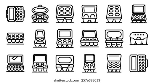 Egg package icons set. Different types of egg cartons, designed for storing and transporting eggs safely, are depicted in various shapes, sizes, and materials