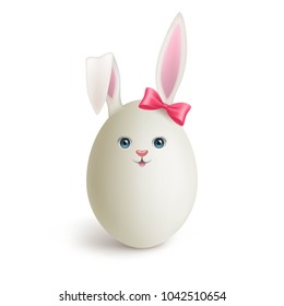 Egg painted under funny bunny with red bow, isolated, realistic. Symbol of Easter in form of stylized animal figurine. Vector illustration