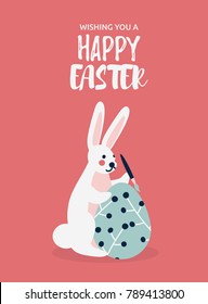 Egg painting by a cute Easter rabbit. Holiday greeting card. Simple cartoon flat style. Vector illustration. 