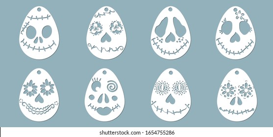 Egg pattern for laser cutting. Funny and scary faces for Easter. Plotter cutting.