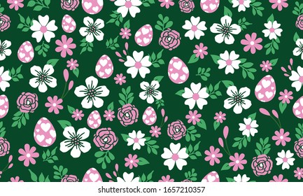 egg pattern seamless background for Easter, with leaf and flower drawing.