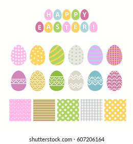 Egg and pattern set  isolated on a white background.Happy Easter Set in flat style.Chicken eggs.