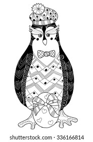 Egg and penguin zentangle doodle.Vector illustration layered ready for coloring book.