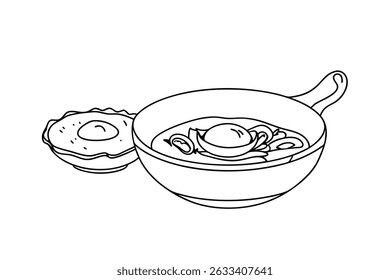 Egg Pho Noodle Soup And Fried Egg Doodle Isolated Line Art