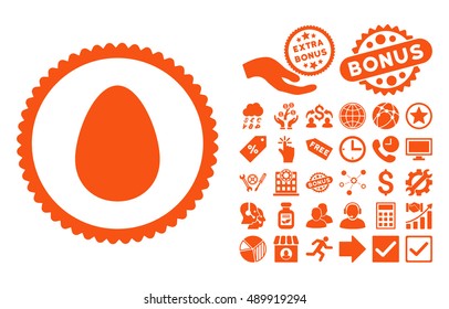 Egg pictograph with bonus symbols. Vector illustration style is flat iconic symbols, orange color, white background.