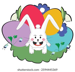 Egg pile of colorful eggs with white rabbit character; seasonal greeting with food and animal ; black contour 