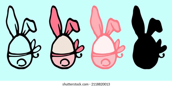 egg with pink rabbit ears. egg icon with ears and tail bows, hand-drawn in doodle style with black outline and silhouette on white for easter packaging label design template