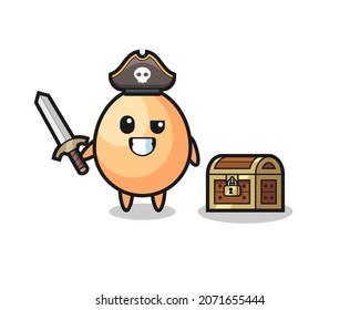 the egg pirate character holding sword beside a treasure box , cute style design for t shirt, sticker, logo element