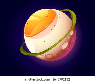 Egg planet in outer space. funny food sphere with fried ovum texture and green ring. Comic fantasy tasty galaxy world, fantastic astronomy sci-fi background for UI game, cartoon vector illustration