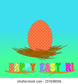 egg with polka dots pattern in nest over colorful background, for greeting, invitation card, or cover. Easter background. Vector illustration