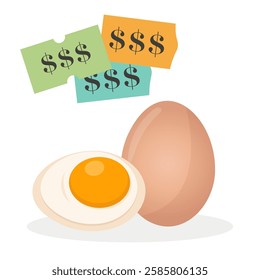 Egg price going up. Whole and halved eggs with dollar symbols representing increasing food prices and expenses.