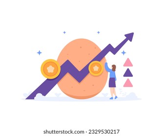 Egg prices soared. increase in egg prices. a female buyer and a very large chicken egg. statistics. commodity price information. livestock products. illustration concept design. vector elements. white