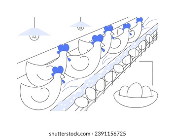 Abstraktes Konzept der Eierproduktion Vektorgrafik. Prozess der Erzeugung kommerzieller Eier durch Legehennen, Geflügelzucht, Lebensmittelindustrie, abstrakte Metapher der Agrarindustrie.