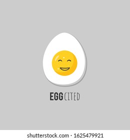 Egg pun greeting card with emoji egg character and saying eggcited . Modern minimalist illustration in flat cartoon style